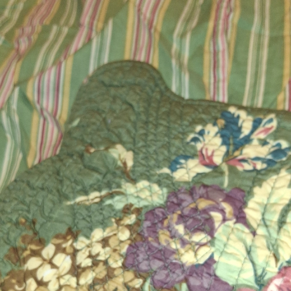 Quilted Shams - Ralph Lauren Olive Green Quilted Pillow with Pink Floral Motif - Picture 4 of 5
